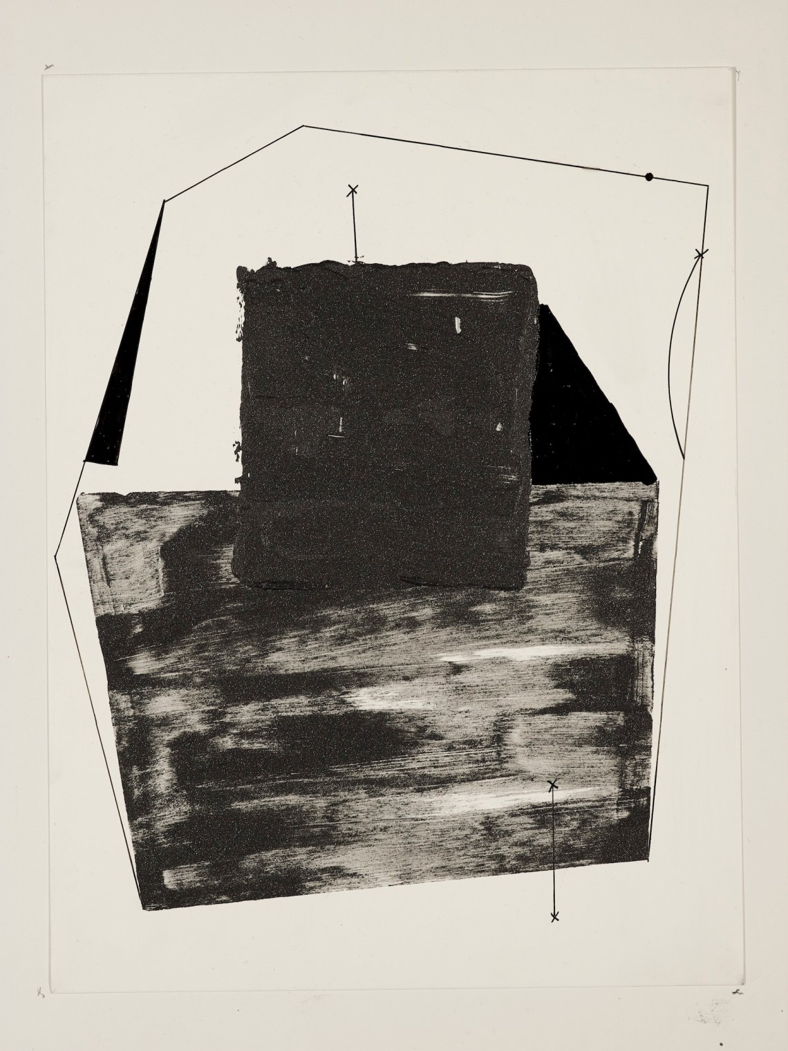 A black-and-white abstract drawing of a square surrounded by geometric forms