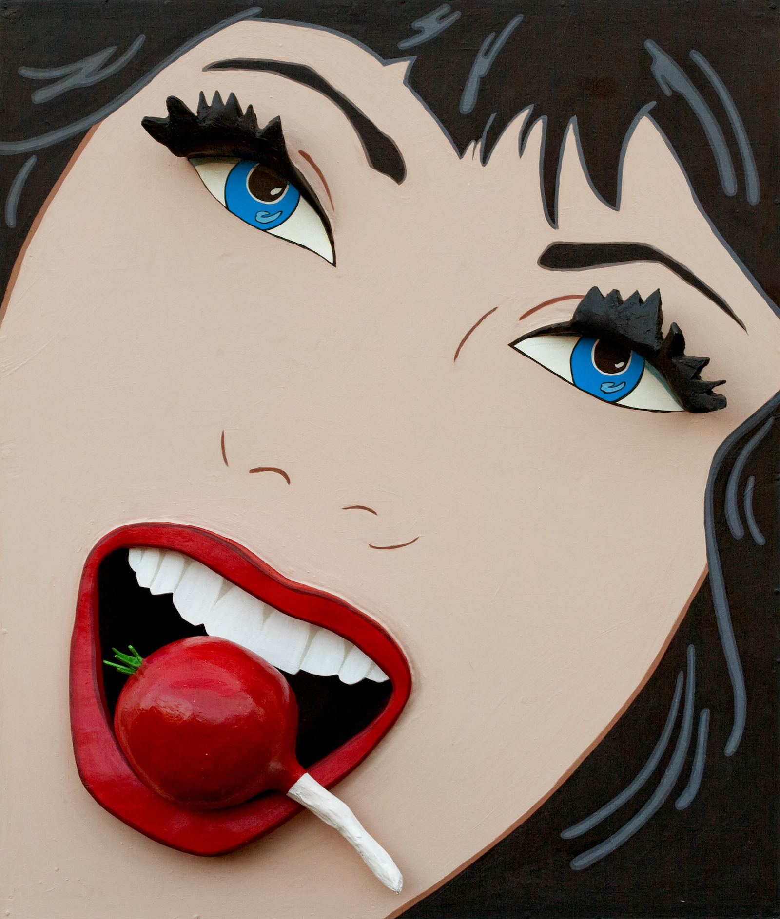 A woman's painted, cartoon face biting a three-dimensional radish