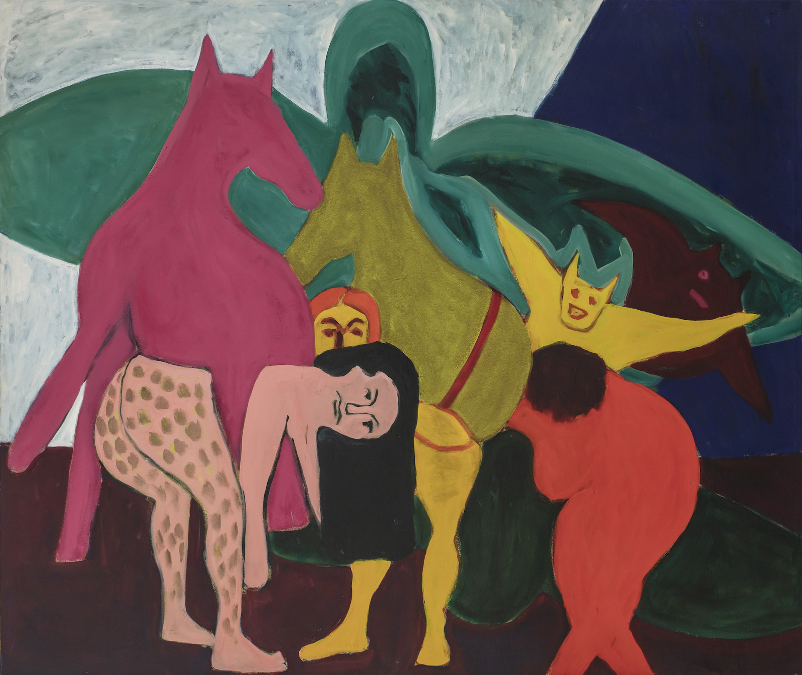 A vividly colored painting of several animal and human figures entwined in an abstract landscape