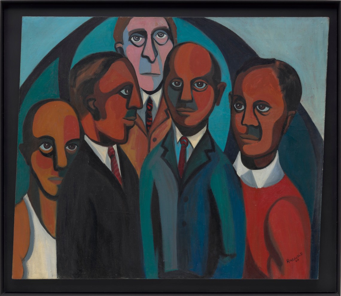 A color painting of five figures gathered closely together
