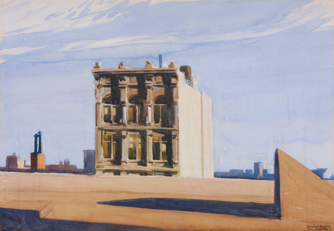 A painting of a roof overlooking a building in the foreground and the skyline further off