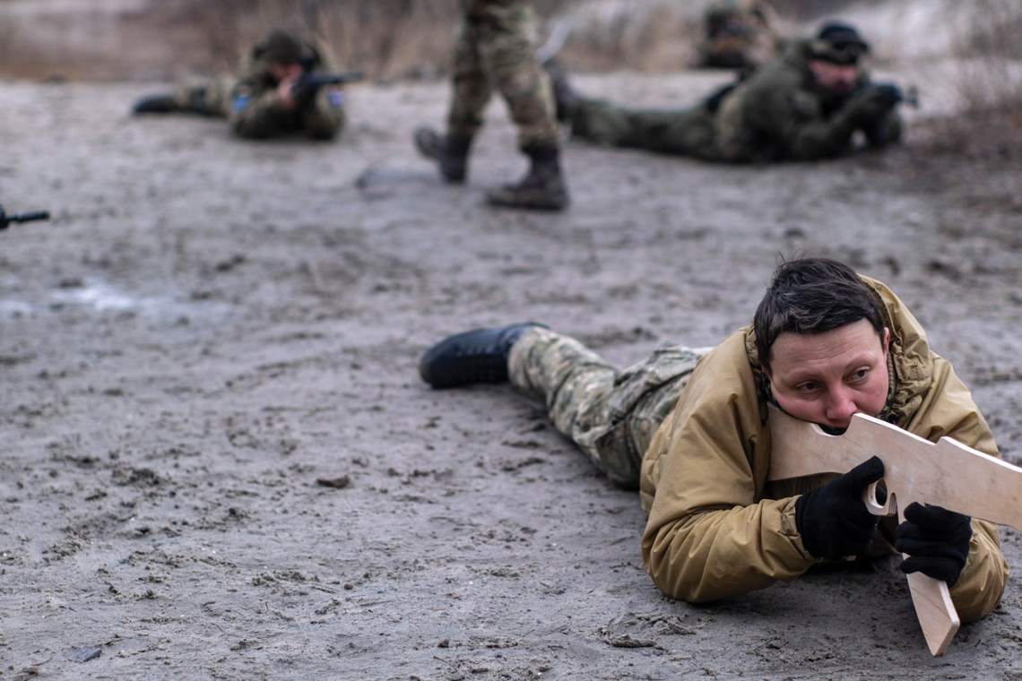 Members of Ukraine’s Territorial Defense Forces training on the outskirts of Kyiv, Ukraine