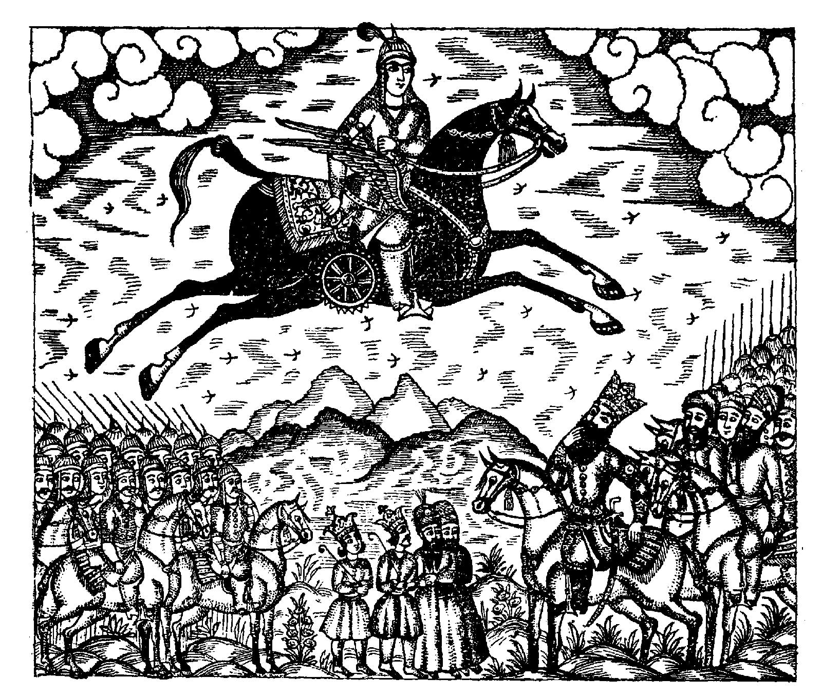 illustration of a man on a horse flying over an army of men