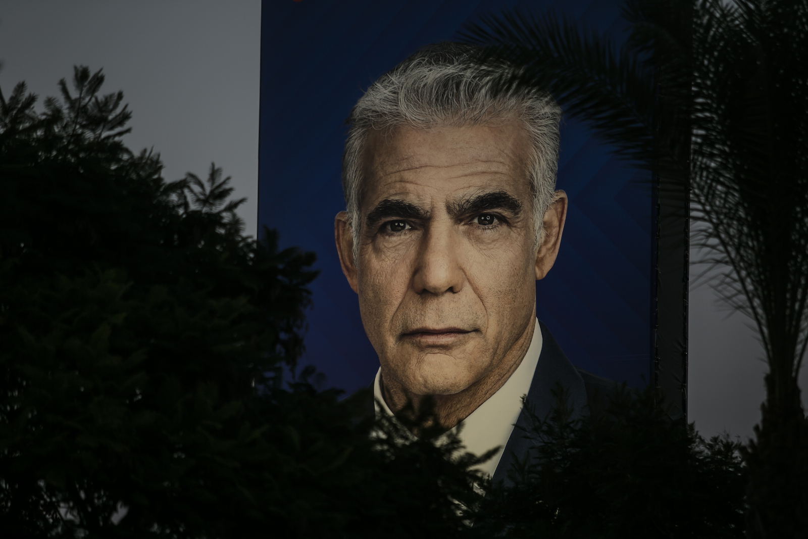 A billboard of a man's face, with gloomy trees in the foreground