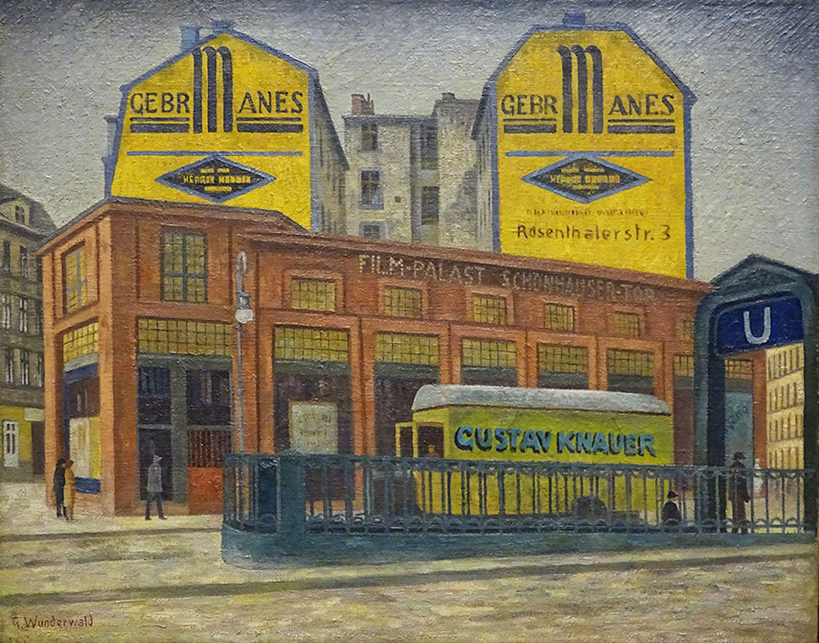 A painting of a large brick movie theater next to a metro station