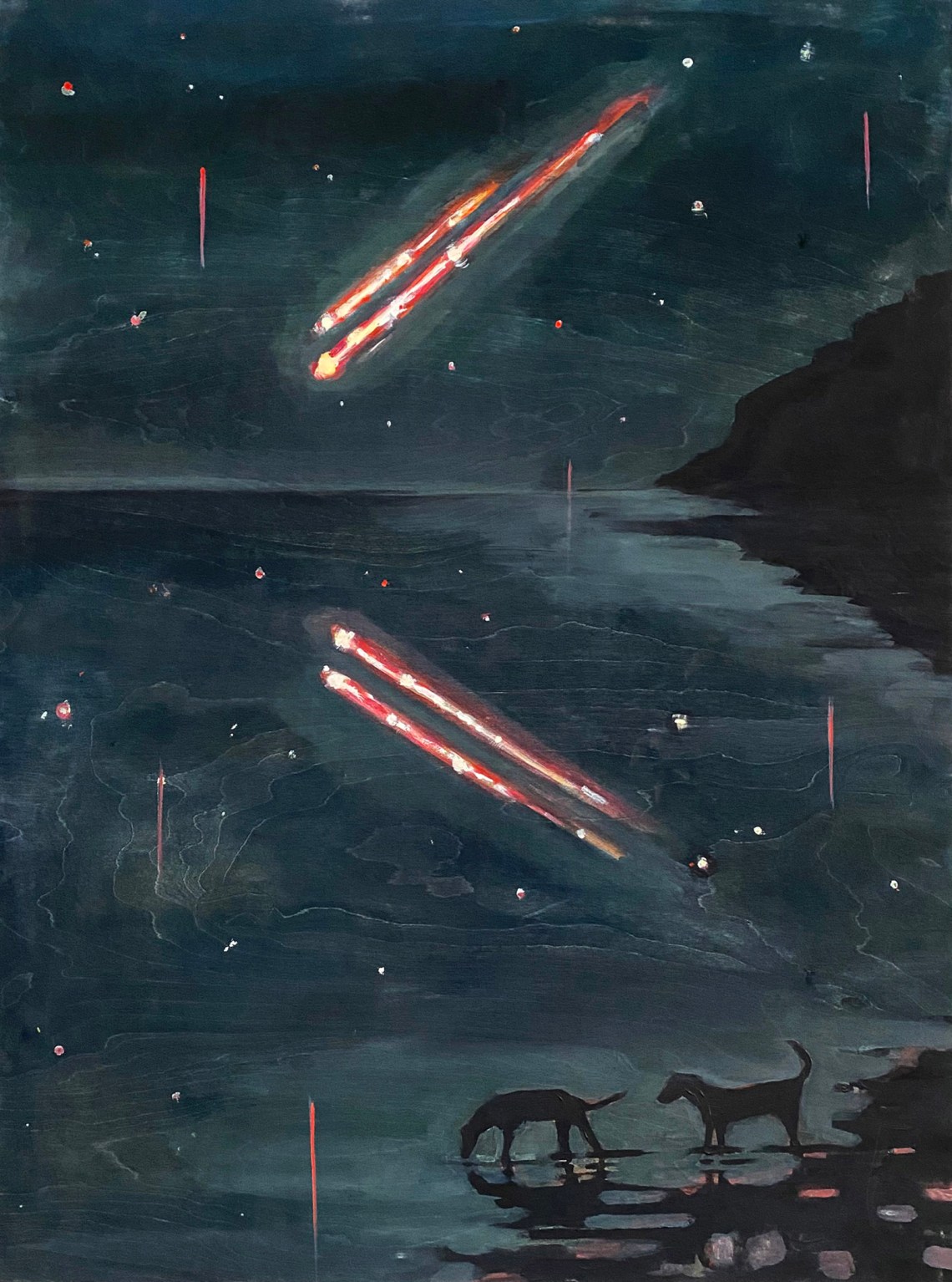 A painting of shooting stars at night over a body of water