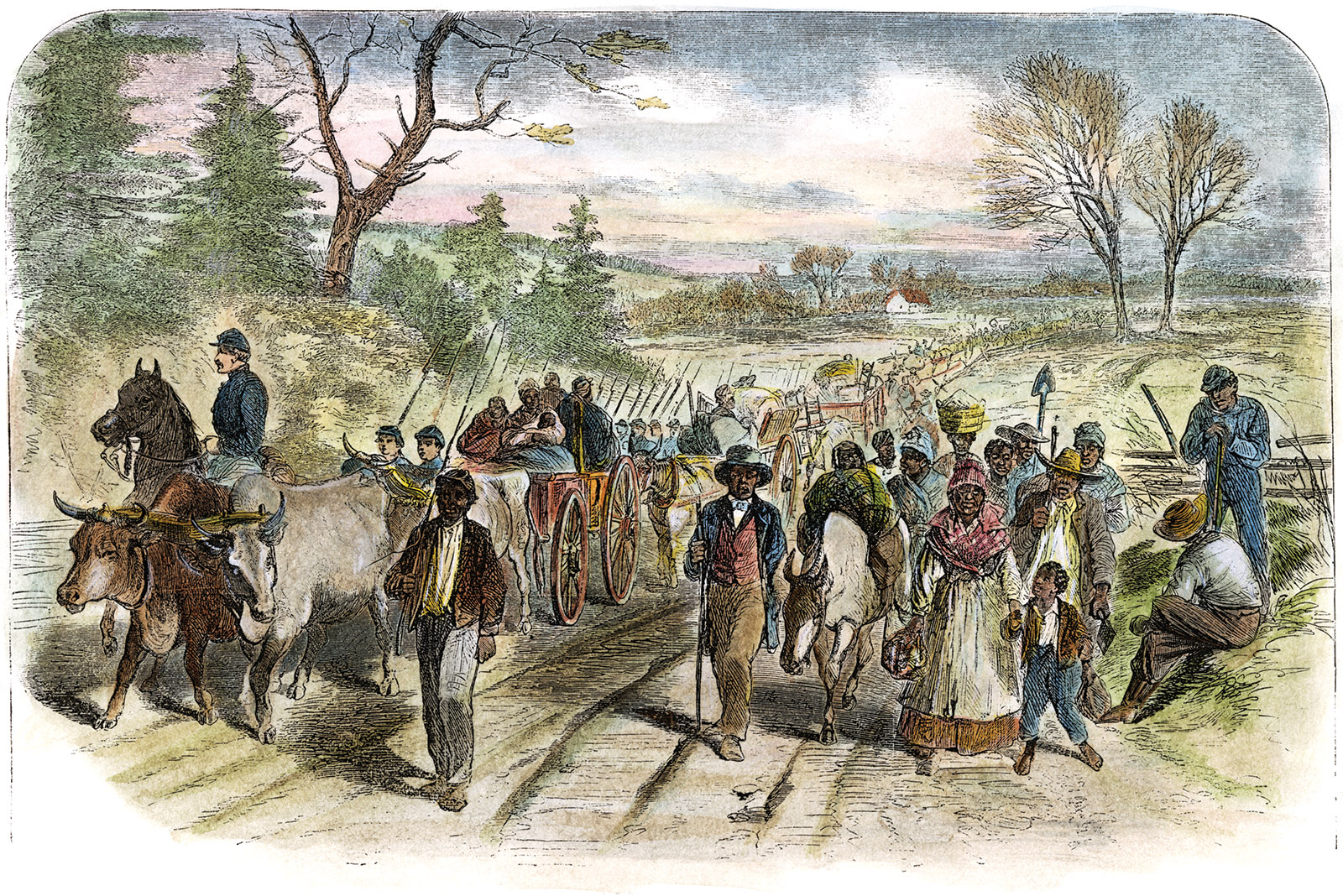 An engraving of freed slaves arriving at Union lines, New Bern, North Carolina, 1863