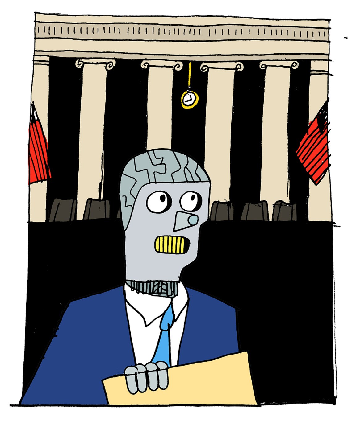A cartoon of a robot dressed as a lawyer arguing in front of the Supreme Court