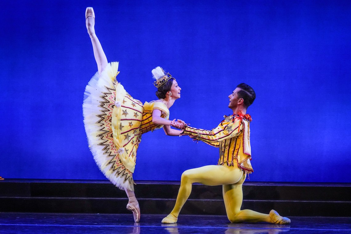 Two ballet dancers, one kneeling, clasping hands, wearing yellow against a blue background