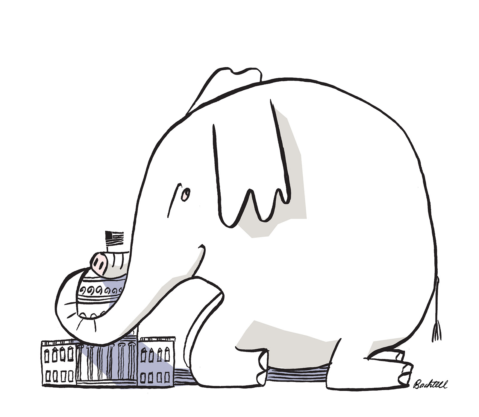 Illustration of an elephant with it's trunk wrapped around the US Capitol