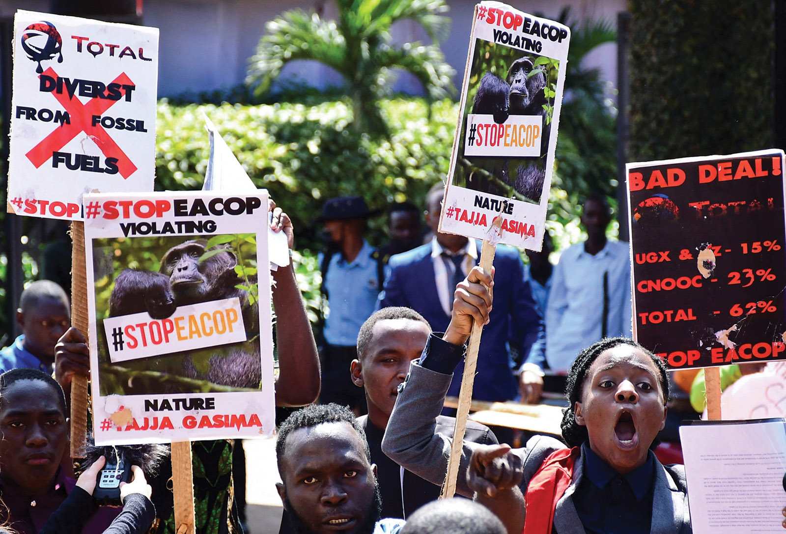 A protest in support of a European Parliament resolution calling for a delay in the construction of the East African Crude Oil Pipeline, Kampala, Uganda