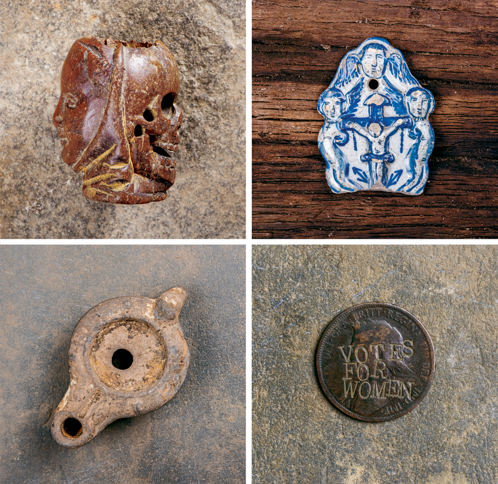 Objects found in the River Thames; a rosary bead, sixteenth century; a holy water stoup backplate, eighteenth century; a halfpenny, 1899; an oil lamp, 70–140