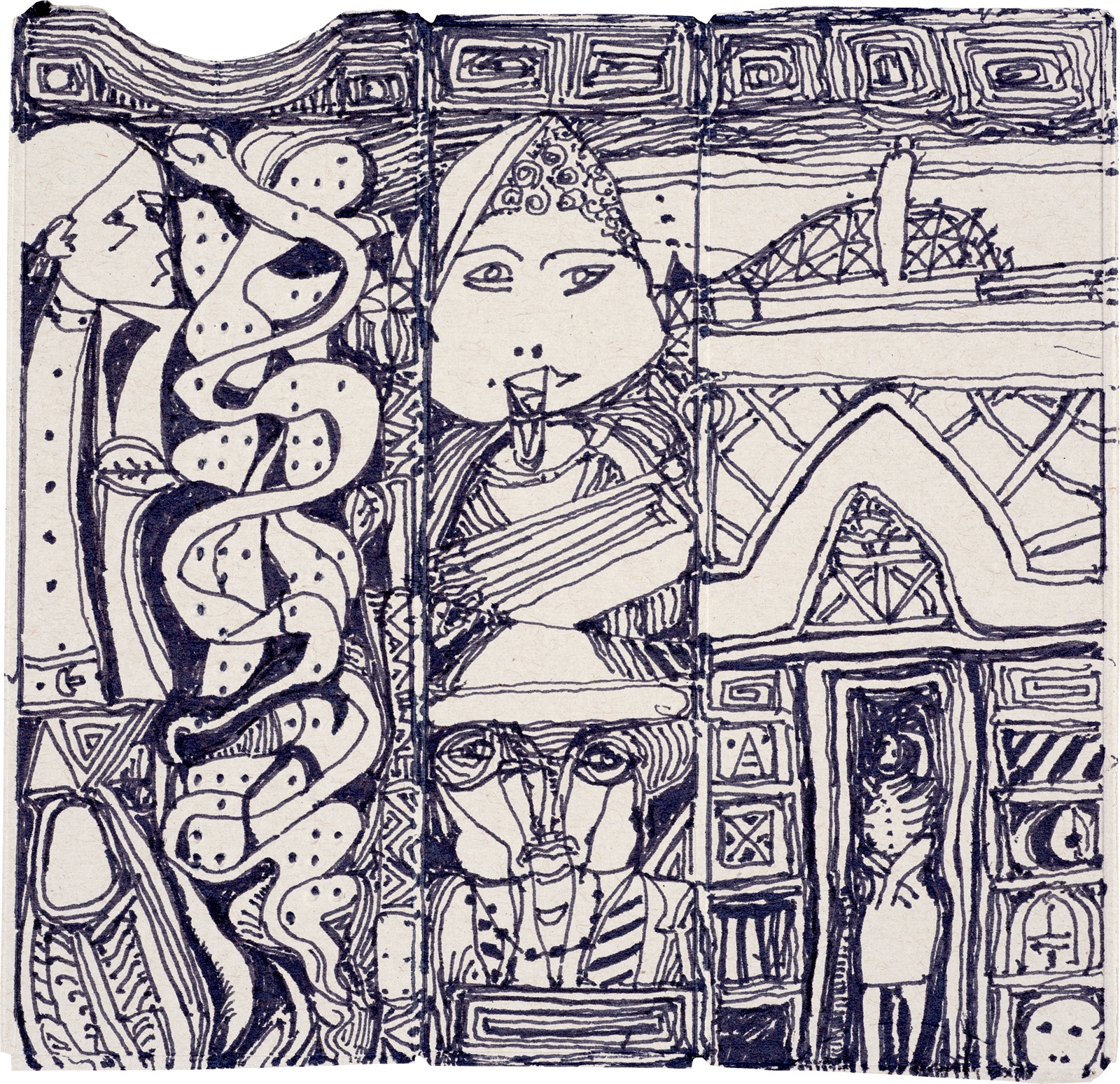 An elaborate drawing including faces, spirals, snakes, and geometric forms
