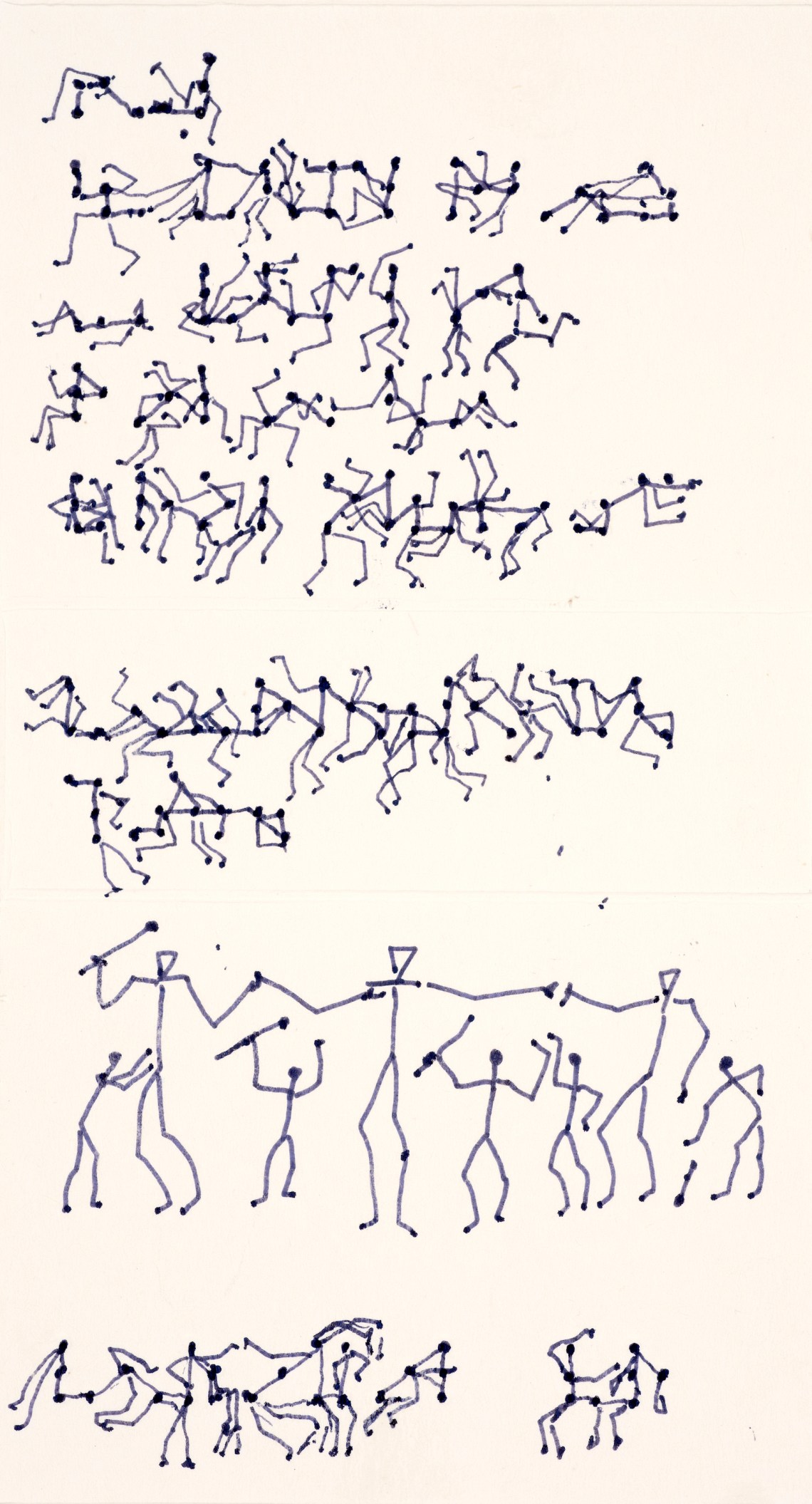A drawing of many small human stick figures interacting