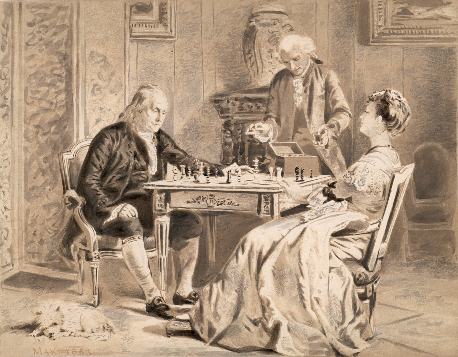Watercolor of Benjamin Franklin playing chess with Lady Caroline Howe while Admiral Lord Richard Howe looks on