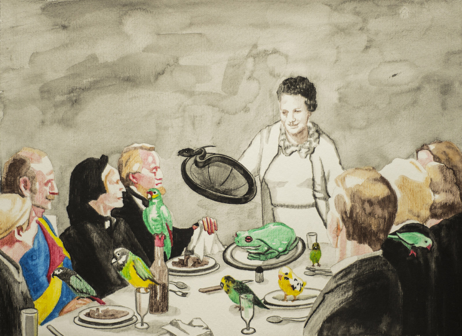 People sitting for a meal at a table accompanied by birds, a frog and a snake