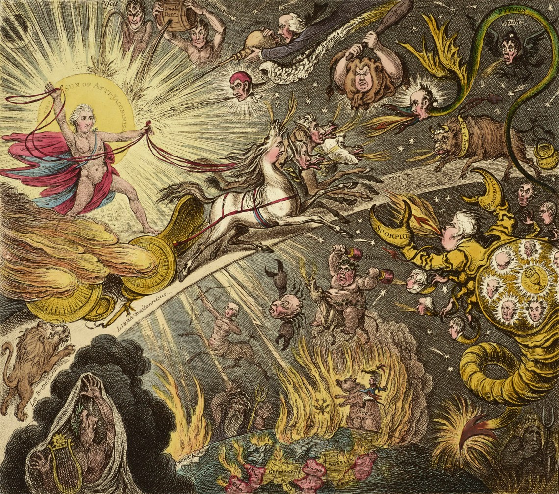Caricature engraving by James Gillray of a man driving a chariot through the sky and being attacked by mythical creatures