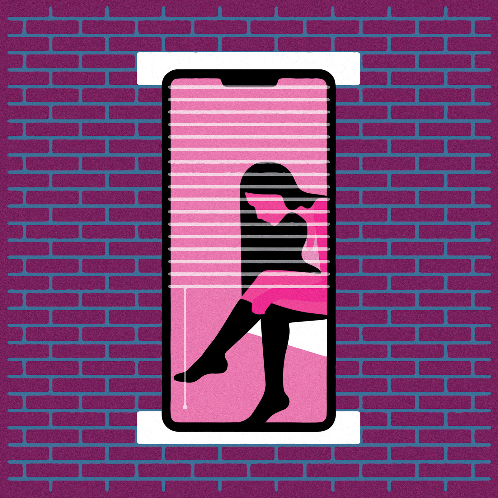 Window shaped like a smart phone with a woman dressing on the screen