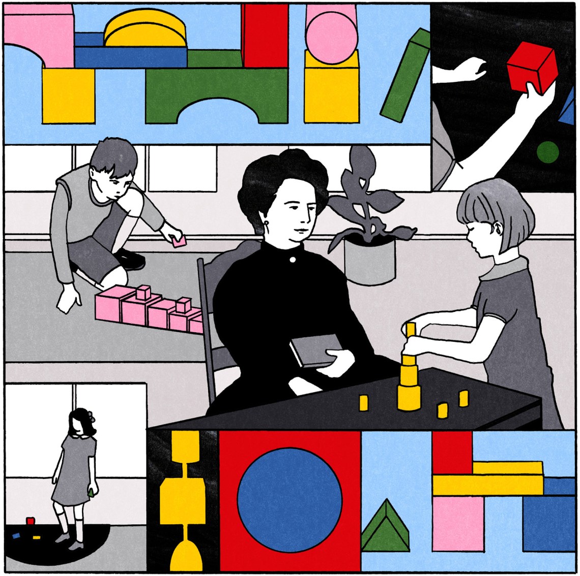 Illustration of Maria Montessori in the classroom with children playing