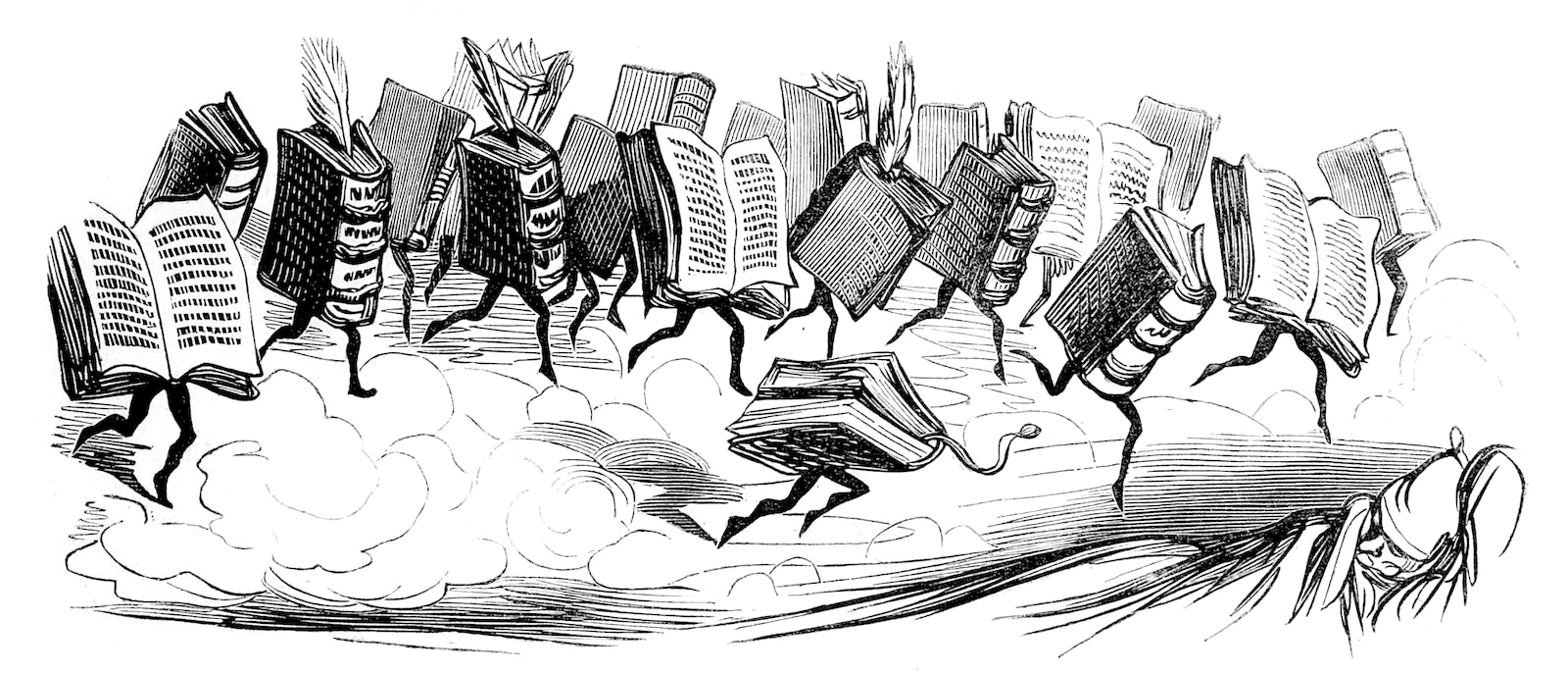 An engraving of books with legs running in a stampede