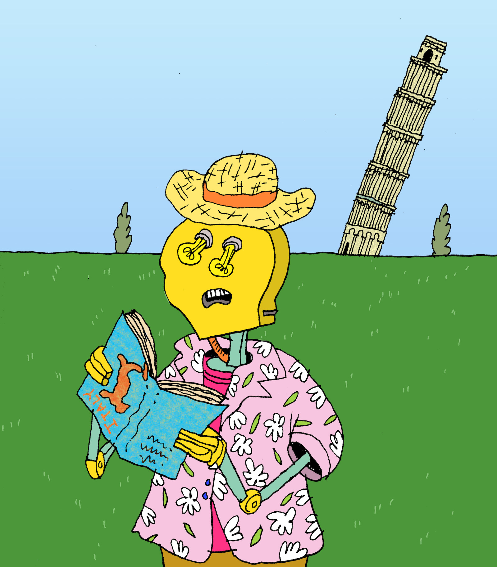 An illustration of a robot wearing a hawaiian shirt and straw hat and holding a guidebook to Italy upside down, in front of the leaning tower of Piza