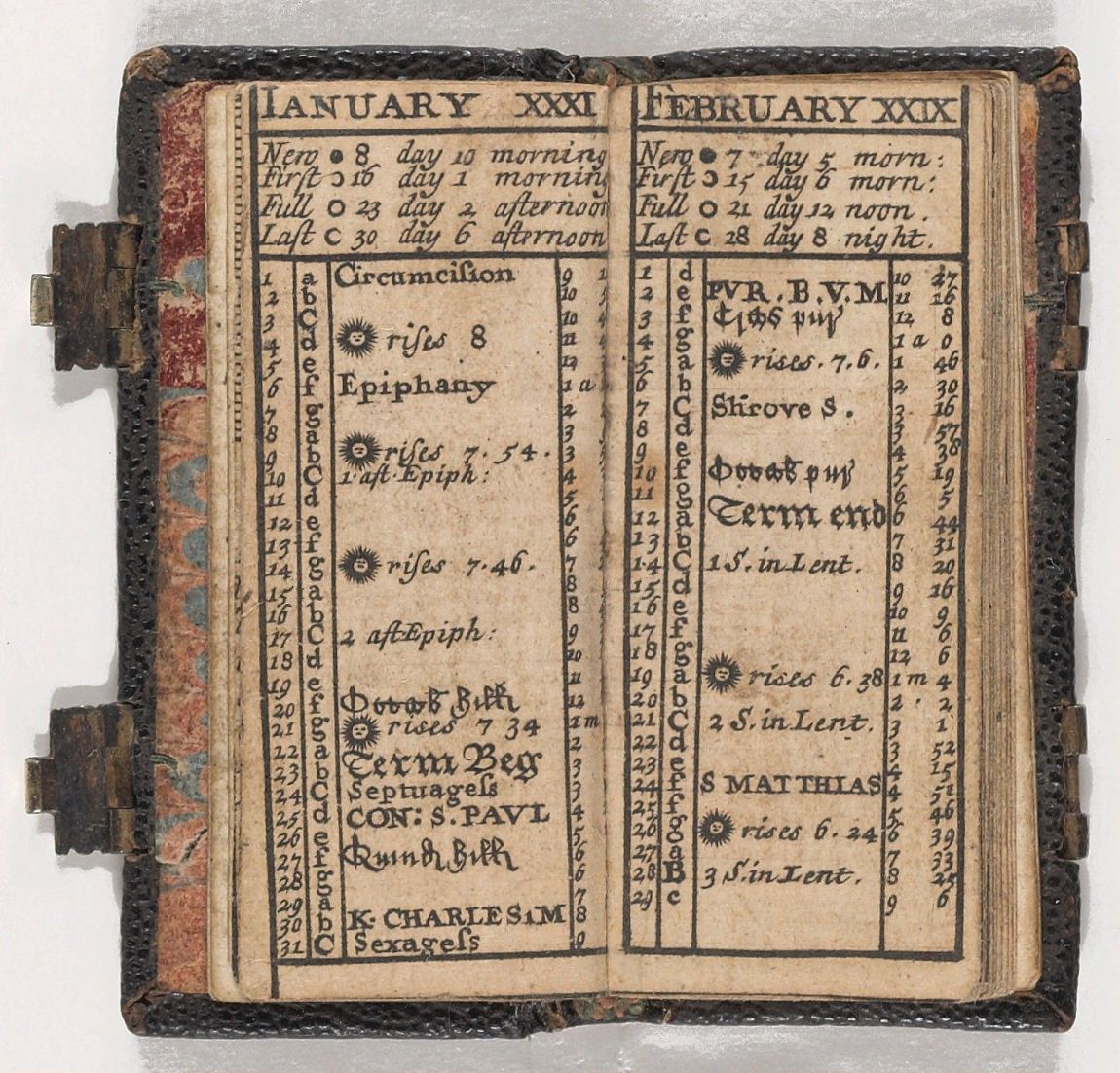 A pocket almanac open to the January and February pages