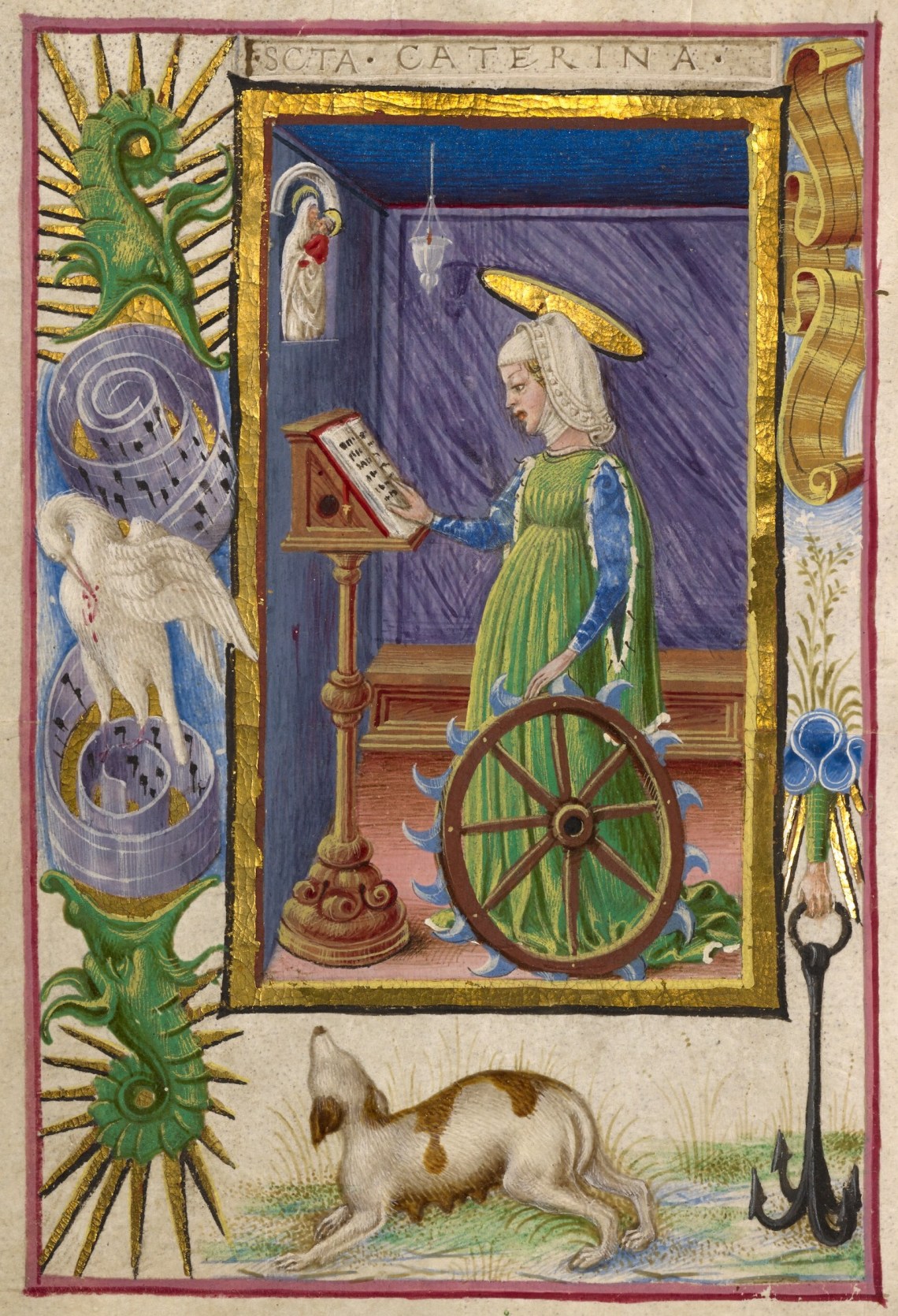 An illustration of Saint Catherine of Alexandria, wearing a green dress, holding a wagon wheel and reading a book on a pedestal