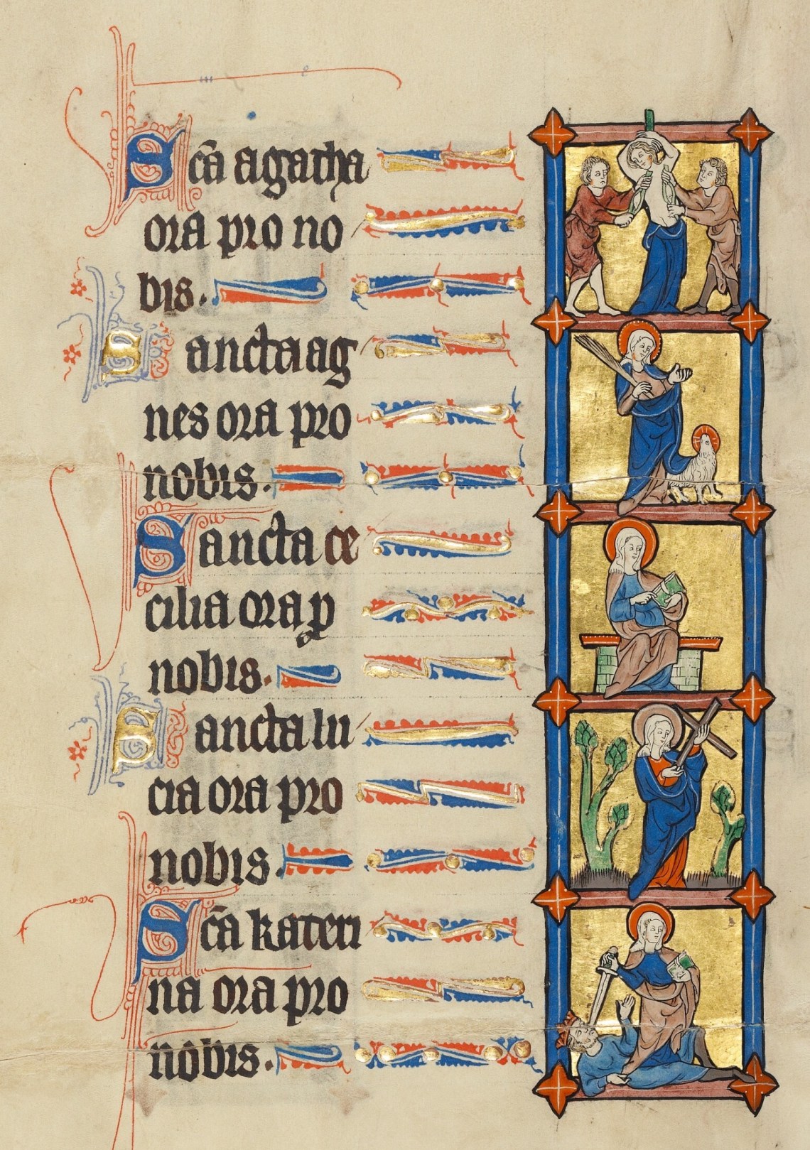 An illuminated manuscript with illustrations of five saints in miniature and their embellished names in red and blue and gold