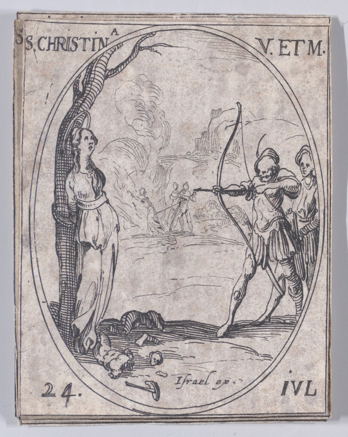 An engraving of a woman tied to a tree about to be shot with an arrow