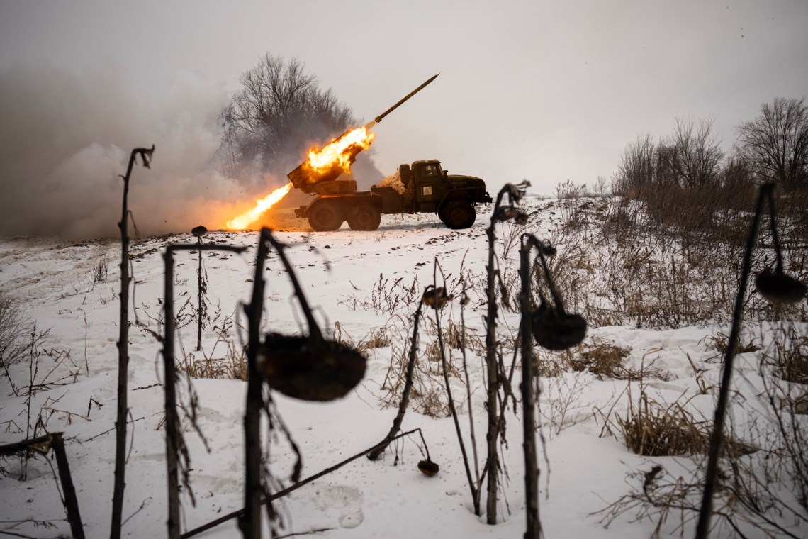 A Ukrainian military vehicle firing at Russian positions near Kharkiv