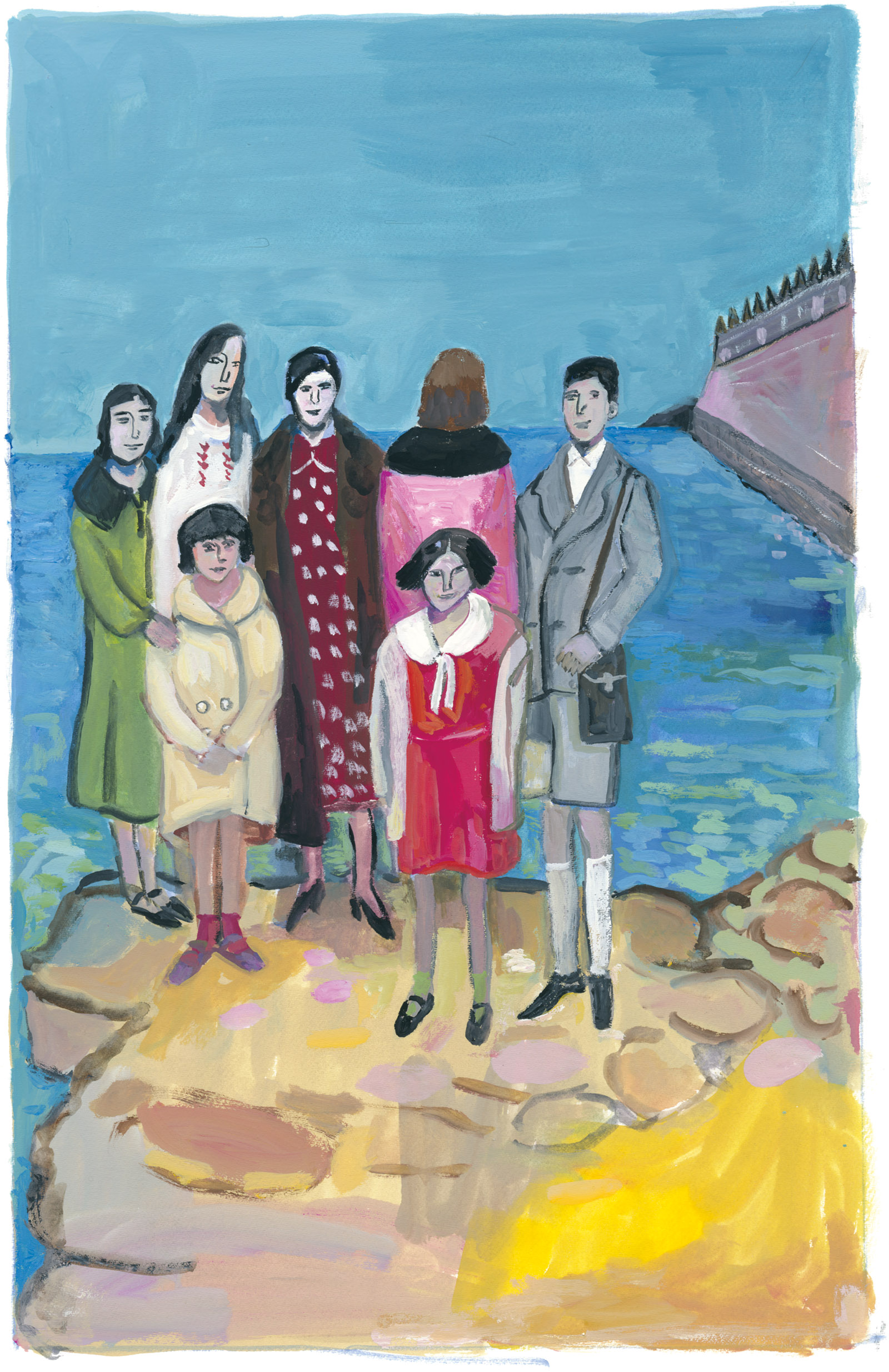 Stella Levi with members of her family and friends outside the Juderia, Rhodes; illustration by Maira Kalman