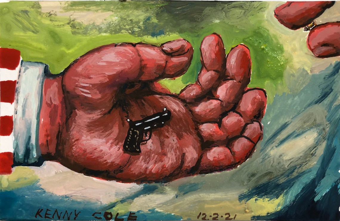 A painting of a red hand holding a tiny handgun in its palm, while two fingers in the corner hold a tiny bullet
