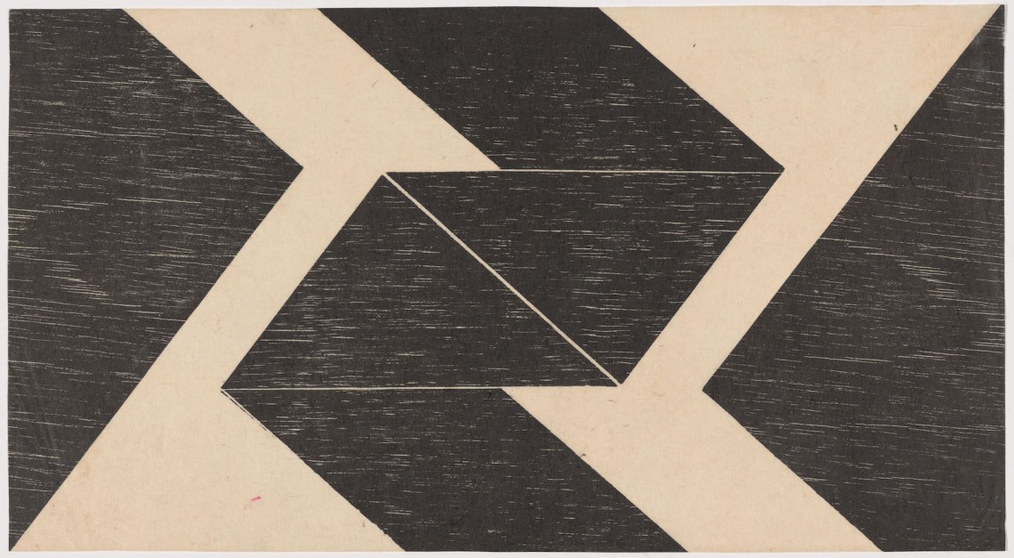 Black ink on white off-white paper, black triangles and parallelograms are arranged together in a symmetrical pattern