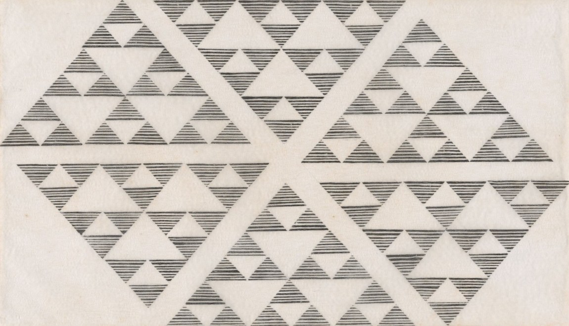 Black ink on white paper, a fractal pattern of black striped triangles