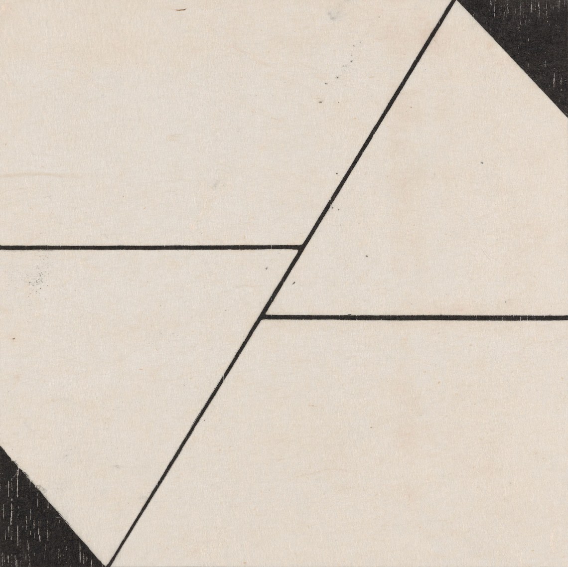 A black and white print, square, two black central horizontal lines meet one diagonal line. The top right and lower left corners are black triangles
