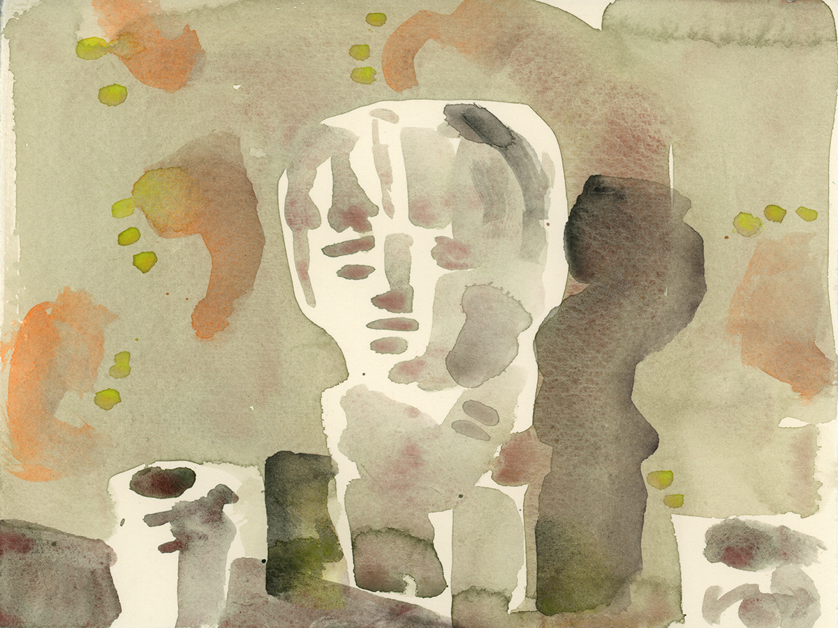 Watercolor interior, pottery, bust