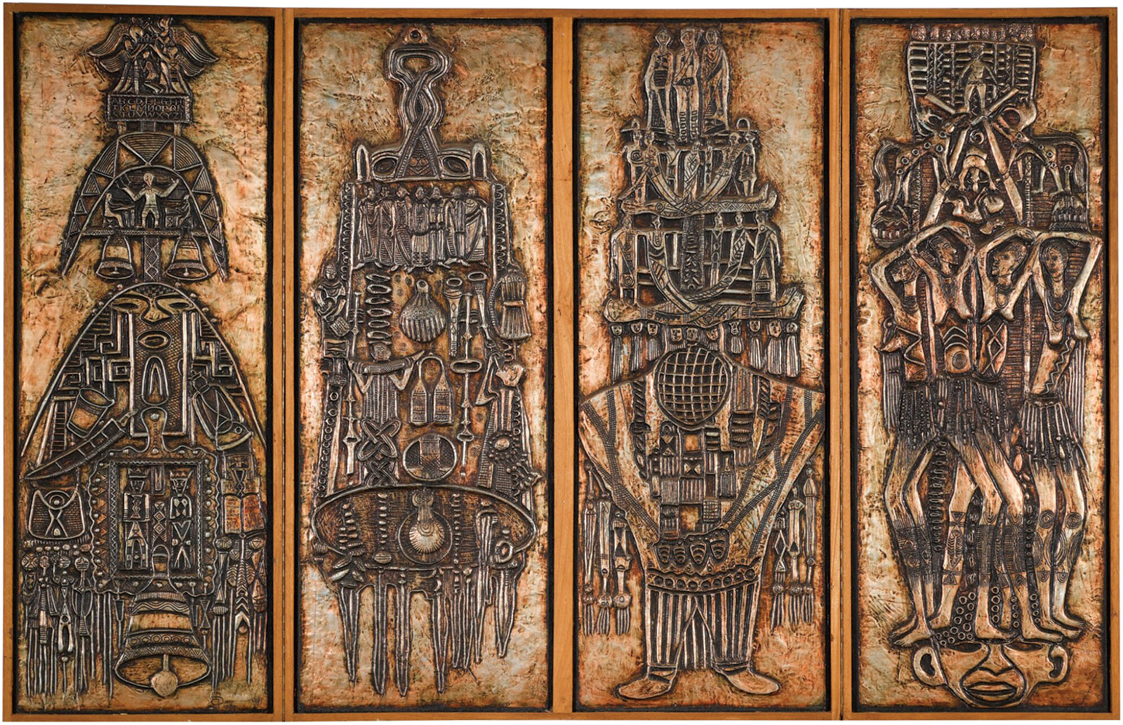 Four panels by Bruce Onobrakpeya exploring the iconography of the Nigerian Sahel
