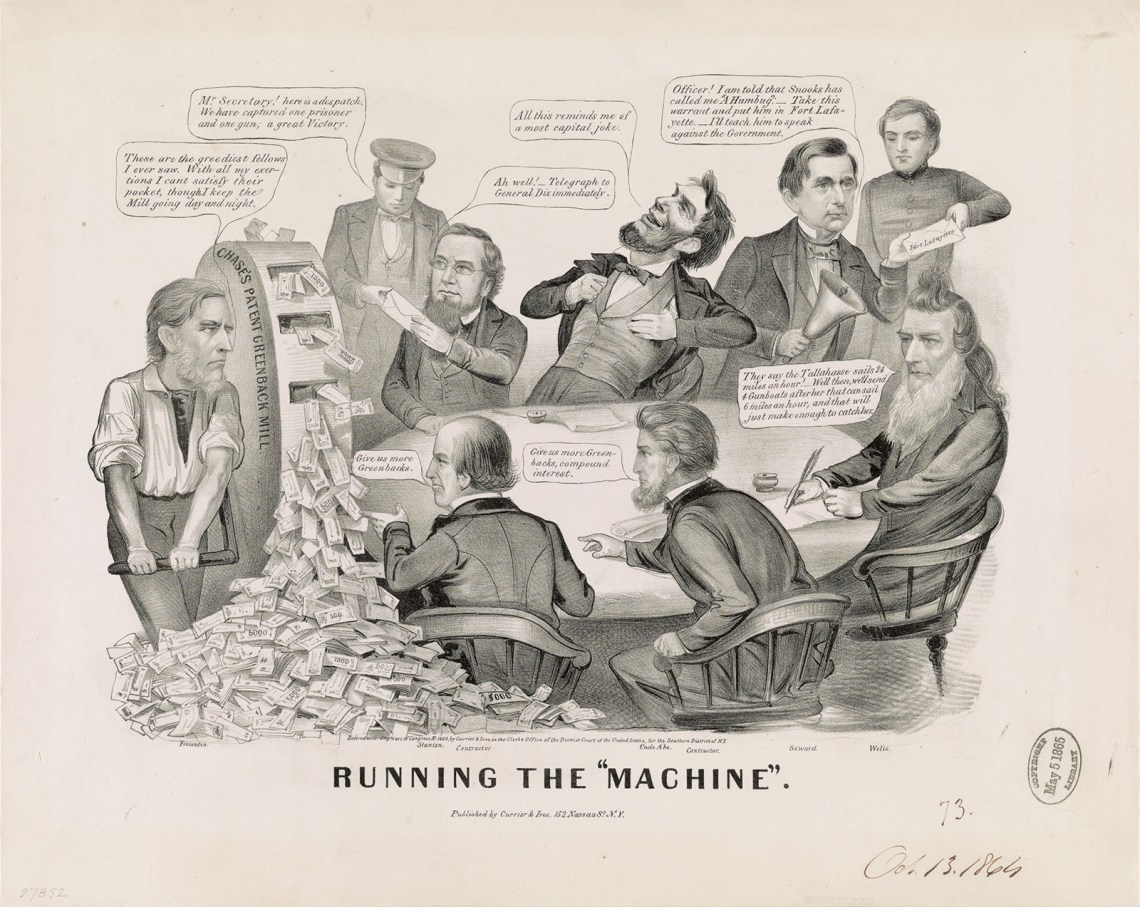 A cartoon of the Lincoln administration’s financial policy and military strategy. William Pitt Fessenden cranks dollars out of ‘Chase’s Patent Greenback Mill.’