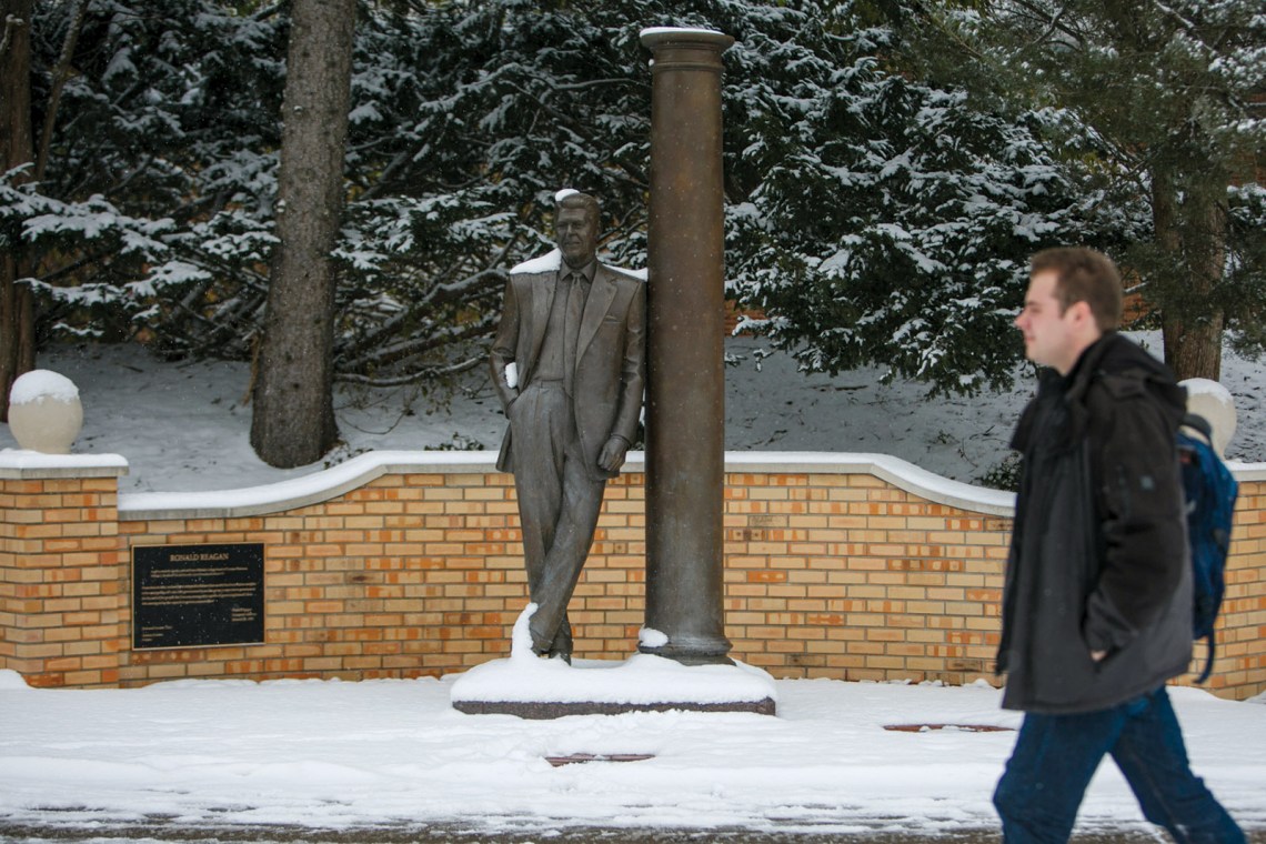 A statue of Ronald Reagan on the campus of Hillsdale College, Hillsdale, Michigan