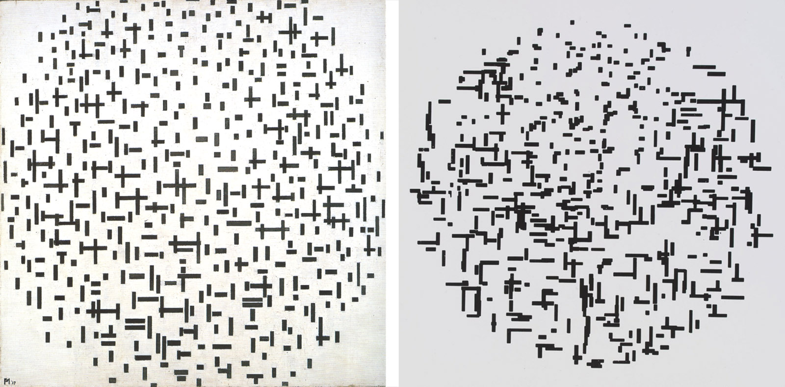 Left: Piet Mondrian: Composition with Lines (Composition in Black and White), 1916–1917; right: A. Michael Noll: Computer Composition with Lines