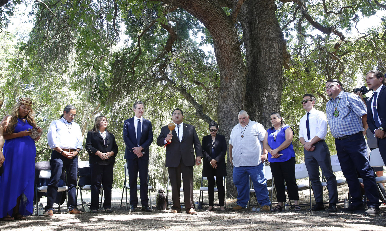 California assemblyman and member of the Serrano/Cahuilla tribe James Ramos, Governor Gavin Newsom, and tribal leaders from around the state opening a meeting at the future site of the California Indian Heritage Center, West Sacramento