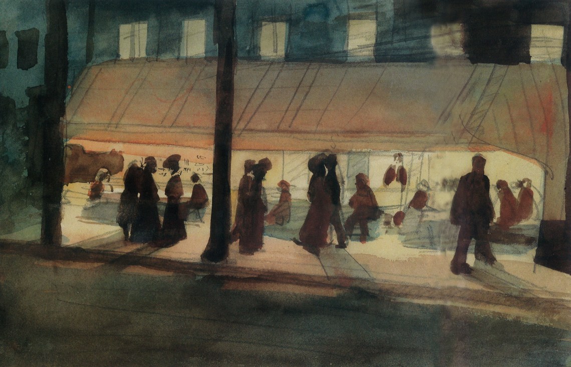 A watercolor of a cafe at night, with shadowy people milling about