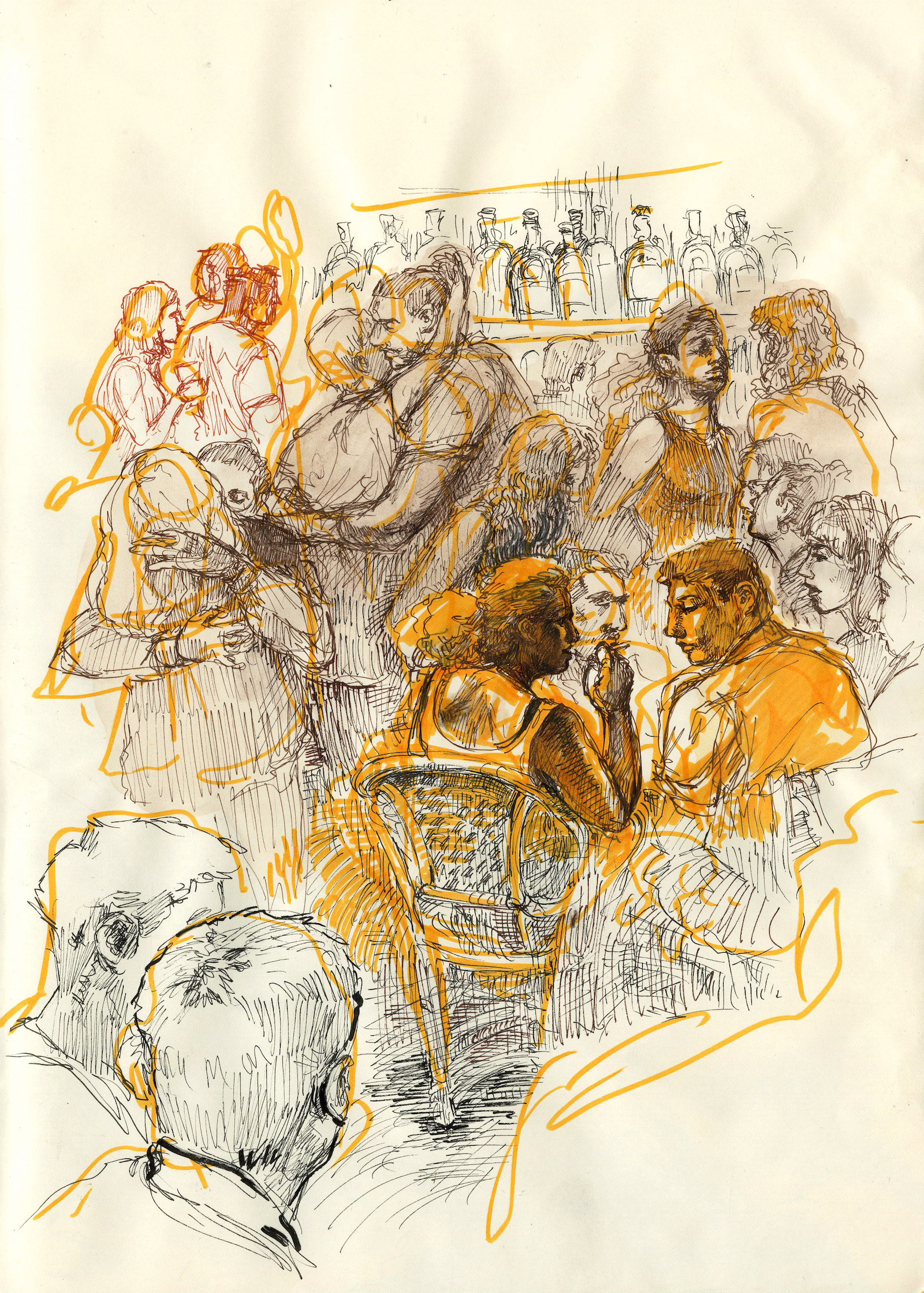 Drawing of a crowd of people socializing in a bar