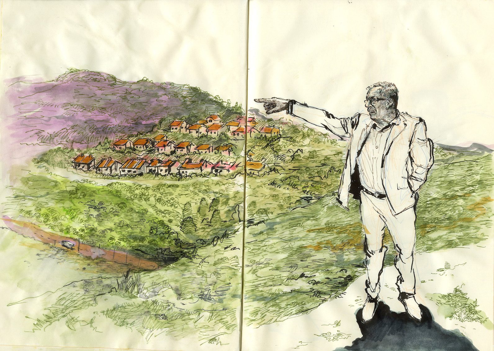 Drawing of a man standing on a hillside and pointing to a cluster of houses on a far hill