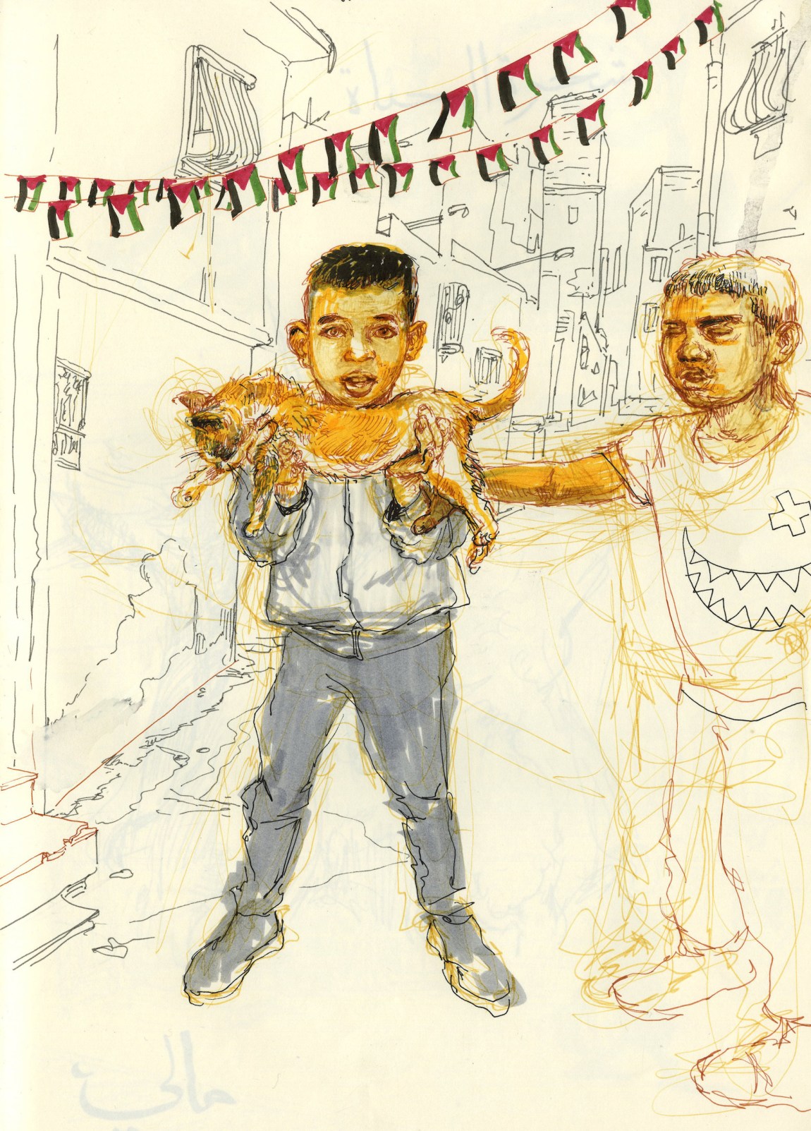 Drawing of two young boys, one holding a cat in his arms, on a street strung with Palestinian flags