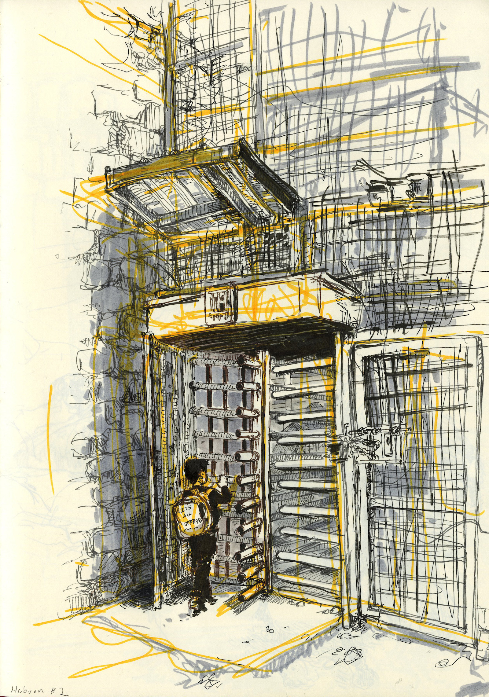 Drawing of a child with a backpack entering a turnstile equipped with security cameras