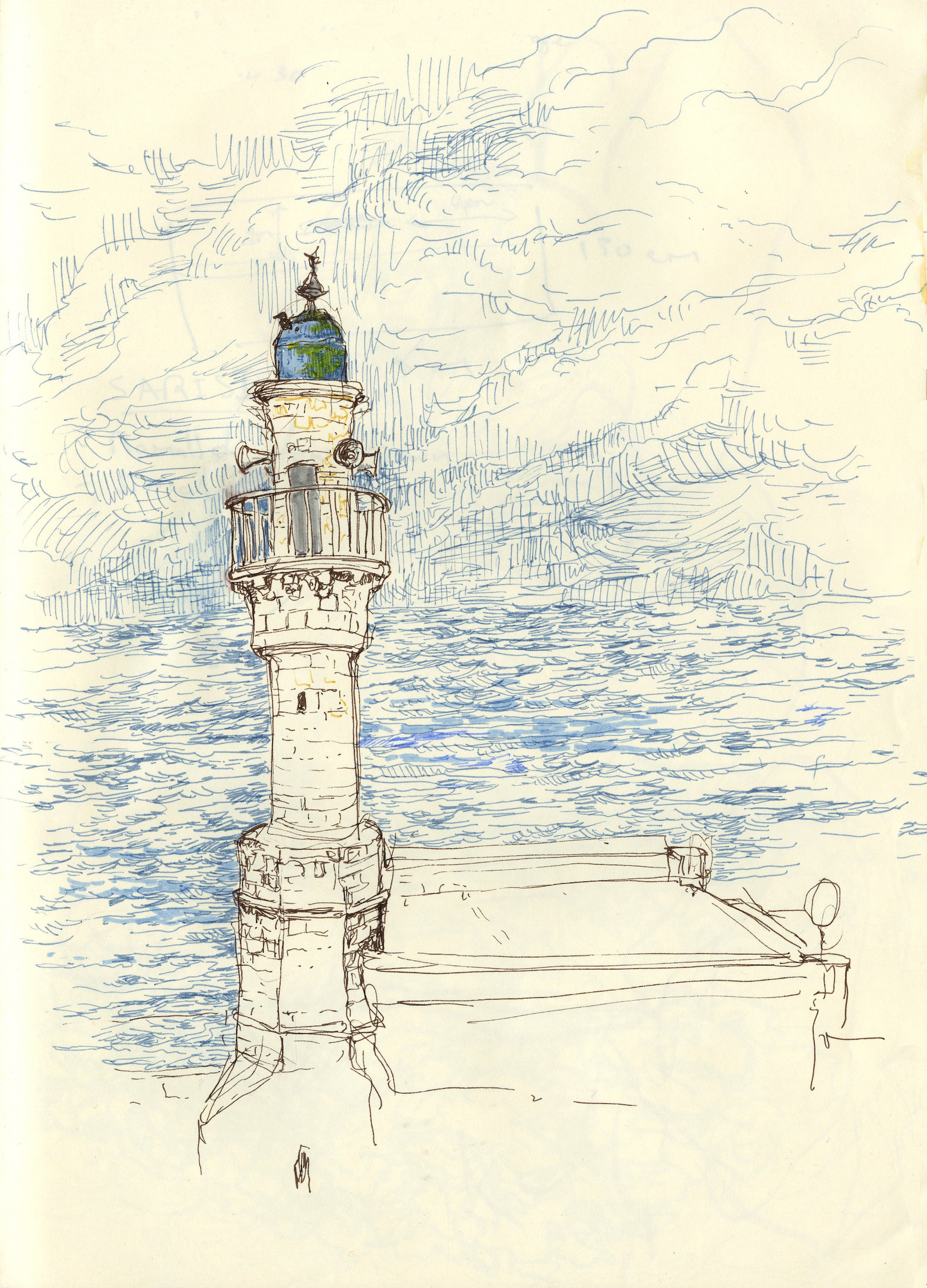 Drawing of a mosque overlooking the ocean