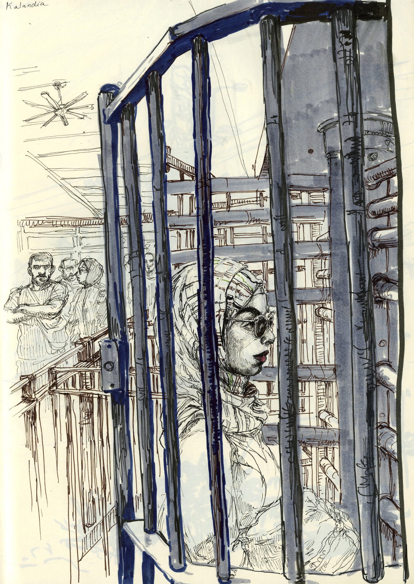 Drawing of a woman in a headscarf stands in a cage-like turnstile