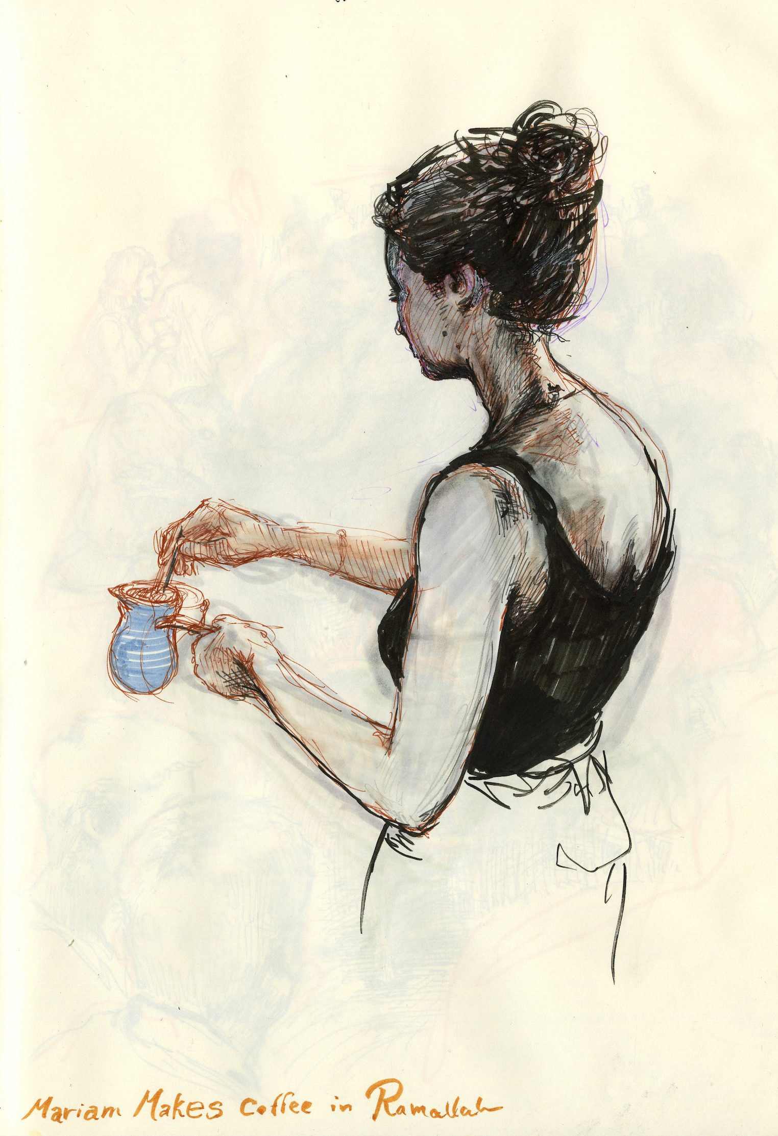 Drawing of a woman wearing a black tank top with her hair in a bun, seen from behind, stirs a coffee pot
