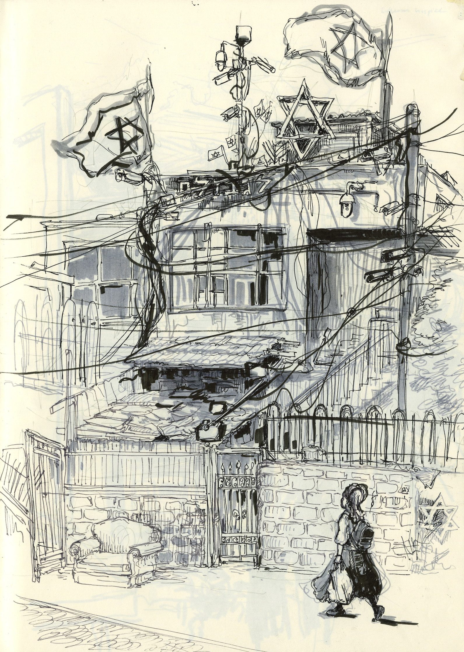 Drawing of a woman walking in the street past a house occupied by a Jewish settler, flying Israeli flags